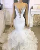 2021 Arabic Mermaid Wedding Dresses Luxurious V Neck Crystals Satin Bridal Dresses Organza Tiered Skirts Lace-up Wedding Gowns