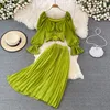 Spring Autumn Women Sexy Two Piece Dress Red/Purple/Green Square Collar Flare Long Sleeve Zipper Blouse + Pleated Skirt Suits New 2022