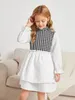 Girls Houndstooth Panel Flounce Sleeve Two Layer Hem Dress SHE