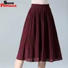 Women Chiffon Skirt Summer Thin Solid Pleated Skirts Womens Saias Midi Faldas Vintage Women Midi Skirt 201110