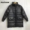 Aachoe Casual Kobiety Długie Parka Z Kieszeniem Solidna Z Długim Rękawem Cotton-Padded Jacket Ladies Winter Grube Ciepłe Płaszcze Ropa de Mujer LJ201021