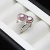 Wedding Real Natural Freshwater White Black Double Pearl Ring Boho Fashion Leaf 925 Sterling Silver Rings For Women 220216