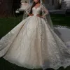 Glitter Ivory Wedding Dresses Ball Gown Sheer Long Sleeves Appliques V-Neck Bridal Style Custom Made Special Occassion Long Gowns