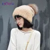 Enjoyfur vintermink päls stickad ull hattar för kvinnor pompom slouchy beanies mode varm stil kepsar ungdom 211229