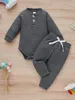 Body en tricot gaufré à demi-boutons pour bébé Pantalon de survêtement noué sur le devant SHE