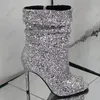 Rtic Handmade Ladies Spring Botki Botki Błyszczące Brokat Sexy Stiletto Obcasy Peep Toe Pretty Silver Night Club Buty US Rozmiar 5-20