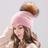 Nieuwe vrouwen hoed winter beanie gebreide muts Angola konijnenbont Motorkap meisje hoed herfst vrouwelijke cap met bont pom pom268S