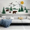 Autocollant en vinyle mural de paysage de montagne avec famille d'ours, art mural de pin pour papier peint de pépinière DIY Murals 3907 201201