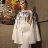 Elegant Arabic White Mermaid Long Formal Evening Dresses Cape Sleeves Appliques Flowers Lace Scoop Neck Prom Dress Women Formal Event Wear