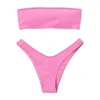 Kadınlar Ayarlanabilir Geri Dantel-up Bandeau Bikini Kapalı Omuz Bikini Set Nervürlü Mayo Kadın Mayo Seksi Pembe Mayo LJ200825