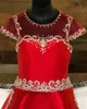 Red Satin Pageant Dress for Teens Juniors 2021 Pockets Sparkle Bling Crystal Long Pageant Gown for Little Girl Cap Sleeve Formal P3339