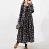 2020 Nya Kvinnor Klänningar Höst Vinter Vintage Utskrift Casual Långärmad Retro Bomull Maxi Robe Tunika Blom Big Plus Size Dress LJ201114