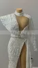 긴 이브닝 드레스 2020 우아한 높은 목 싱글 긴 소매 반짝 반짝 반짝 빛나는 여성이 흰색 정식 이브닝 가운 슬릿 LJ201123
