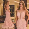 Сексуальный розовый плюс размер русалки выпускные платья глубоко V-шеи с бисером с бисером кружевной аппликации формальное платье вечеринка носить вечерние платья одежды