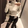 Knitted Sweater Off Shoulder Pullovers Sweater for Women Long Sleeve Turtleneck Female Jumper Black White Sexy Clothing 211221