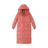 Mode X-Long Stand Collar Hooded Winter Down Jacket Dames Solid Full Sleeve Button Slit Zipper Dames Down Coat Parka Vrouw 201019