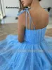 Fairy Blue Princess Prom Dresses Sparkly Starry Tulle Strapless Short Prom Gowns Pleated Tea-Length A-Line Formal Party Gowns