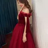 New Fashion Dark Red A Line Prom Dresses Off Shoulder Velvet Top Tulle Special Occasion Dresses Formal Dress Evening Gowns with Sashes