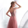 Beading Evening Dress 2020 V-Neck Pink High Split Tulle Sweep Train Sleeveless Prom Gown A-line Lace Up Backless Vestido De LJ201224