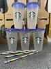 24oz/710ml starbucks arco-íris plástico tumbler reutilizável claro beber copo de fundo plano pilar forma tampa palha caneca bardian