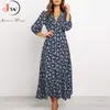 Vrouwen Chiffon Lange jurk Floral Print Lantern Sleeve A-Line Maxi Vestidos Herfst Nieuwe Elegante Vintage V-hals Winterjurken 201204