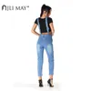 JLI MAY Jeans solidi da donna Tuta in cotone Tasca patchwork Sbiancato Strappato Vita alta Denim Tuta intera Streetwear 201105