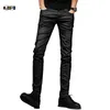 Idopy Herren Beschichtete Jeans Gewachst Schwarz Punk Stil Motorrad Jeans Slim Fit Biker Denim Hosen Für Männer Y200116