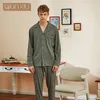 Autumn New Par Men s Longepleed Bamboo Fiber Buckle Collar Lapel Pyjamas Set LJ201112