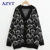 AZYT Autumn Winter Comic V neck Cardigan Female Jacket Knitwear Sweater Coat Casual Knit Jacket Sweater For Women 201203