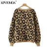 KPYTOMOA Kvinnor Fashion Leopard Mönster Löst stickad Cardigan tröja Vintage Lantern Sleeve Kvinnlig ytterkläder Chic Topps 201204