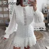 Jamerry Vintage Seksowna Biała Koronkowa Krótka Sukienka Kobiety Długie Smoking Rękaw Puff Dots Samica Luksusowa Szczupła Party Mini Dress Vestidos LJ200820