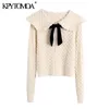 KPYTOMOA Женская мода бархатный лук полосатый текстурированный вязаный свитер винтаж с длинным рукавом кнопка женские пуловеры шикарные вершины 201030