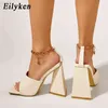 Eilyken elegante senhoras festa vestido sapatos moda metal cadeia de torres de tornozelo aberto toe e quadrado saltos quadrados mulheres sandálias y220224
