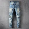 Jeans da uomo Moda Streetwear Uomo Retro Blu Elastico Slim Fit Pantaloni punk strappati Pantaloni da motociclista hip-hop firmati patchwork