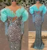 2022 plus storlek arabiska aso ebi sparkly sjöjungfru sexiga prom klänningar långa ärmar stilig kväll formell fest andra mottagning födelsedagsklänningar klänning zj066