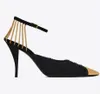 Top luxe vesper sling sandalen schoenen voor vrouwen ketting-getrimde suède puntige teen merk pompen ketting-verfraaide enkelriemen dame hoge hakken EU35-40
