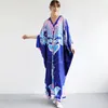 Women's Runway Dresses Sexy V Neck Batwing Sleeves Picked Up Printed Elegant Loose Design Fashion Casual Robes Maxi Dresses