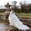 Tiered Chiffon A-Line Wedding Dresses Princess Long Sleeves Beads Beach Bridal Gowns Chic High Neck Layered Soft Tulle Sweep Train Chapel Gown