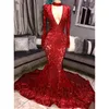 Royal Blue Red 2022 Gorgeous Bling paljetter Prom Dresses Mermaid Long Sleeves V Neck aftonklänning Kvinnor Eleganta festklänningar