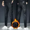 Grijze zwarte non stick wool jeans mannen winter warme pluche verdikte geborduurde casual broek mode