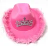 Roze tiara cowgirl hoed voor vrouwen meisjes brede rand fedora westerse stijl vakantie cosplay party cowboy 211227