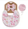 Baby Bib Double-Faced Schorten Raster Afdrukken Burp Doek Katoenen Vlas Boog Hoofdband Haaraccessoires Zuigelingset 3 Stuks Kids Gift Sets RRA12189