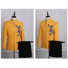 Heren Geel Dragon Embroidery Patroon Chinese Tuniek Pak Bruiloft Groomsman Tweedelige Pakkostuums S-2XL 201105