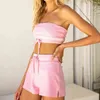 Pink Women Summer Strapless Crop Festival Top+Shorts 2 Piece Set Pink Yellow Tie Hoodie Casual Outfit Solid Comfort Lounge Set G220311