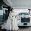 2021 Splendida scollatura trasparente spacco laterale sirena perline abiti da sposa con overskirts pizzo maniche lunghe sposa abiti da sposa G203m