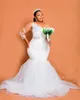 2022 Plus Size Arabic Aso Ebi White Lace Mermaid Wedding Dress Sheer Neck Long Sleeves Bridal Gowns Dress ZJ377