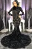 Siyah Sequins Aplike Abiye Sparkly Uzun Kollu Yüksek Boyun Afrika ASO Ebi Mermaid Fishtail Balo Resepsiyon İkinci Doğum Günü Elbisesi