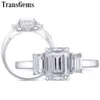 Transgems 18K 585 Bague de fiançailles en or blanc Centre 6x8mm F Couleur Emerald Cut 3 Bague de fiançailles en pierre Y200620