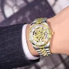 Chenxi Męski Zegarek Ze Stali Nierdzewnej Ze Stali Nierdzewnej Luminous Wskaźnik Szkielet Harlowout Analog Gold Dial Automatyczny Ruch Złoty Bezel