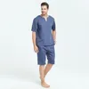 Heren Natural Linnen Katoen Korte Mouw Pyjama Set met Shorts Sleep Top Nachtkleding Home Draag Loungewear LJ201112